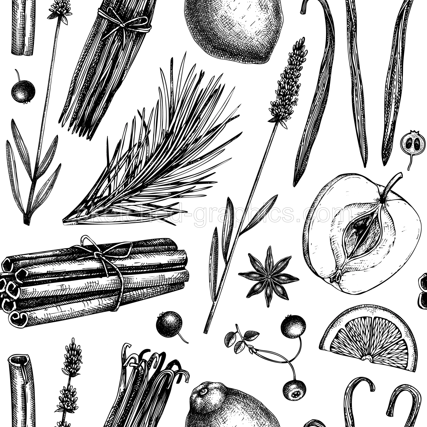 Aromatic ingredients seamless pattern. Vector background with hand-sketched materials for candles, soap, cosmetics, perfumery. Organic and botanical elements backdrop. Illustration